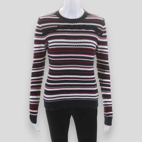 Brooks Brothers Red Fleece Sweater Women’s L Red White Black Striped Knit Ruffle - Picture 1 of 11